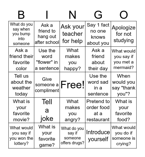 Social Skills  Bingo Card