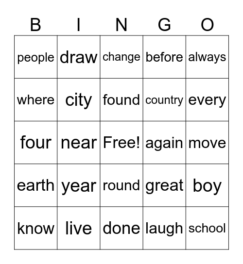 Sight Words 5 Bingo Card