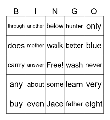 Sight Words 6 Bingo Card