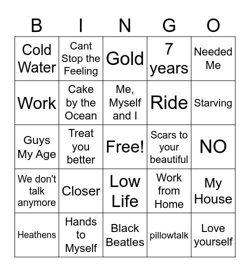 2016 Pop Hits Bingo Card