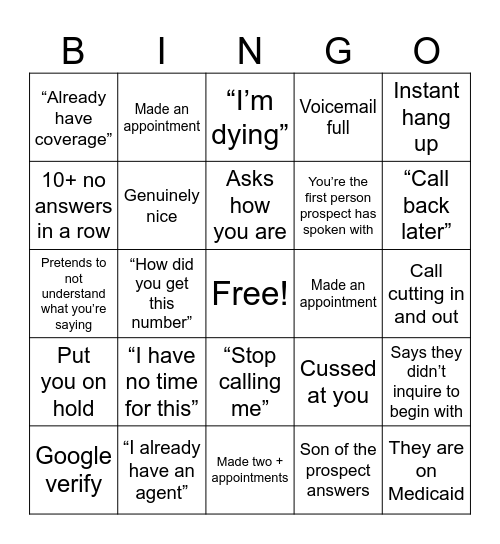 Life Insurance Bingo Card