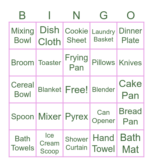 Bridal Gift Bingo Card