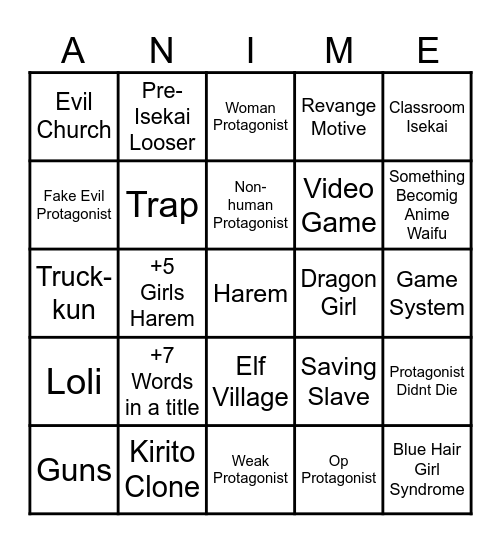 Isekai Bingo Card
