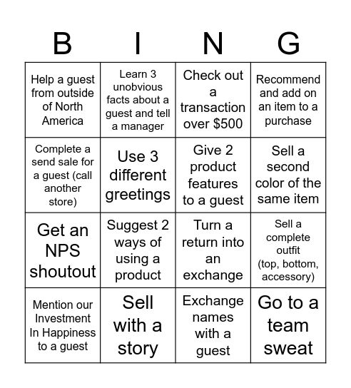Sell the Vuori Way Bingo Card