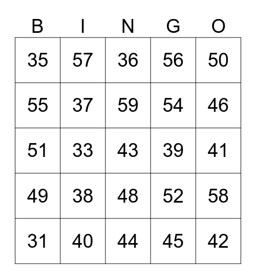 Numbers 2 Bingo Card