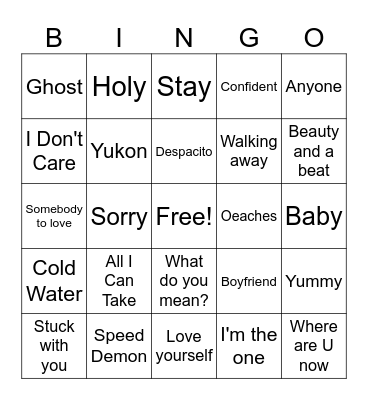 Justin Bieber Bingo Card