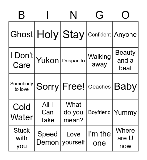 Justin Bieber Bingo Card