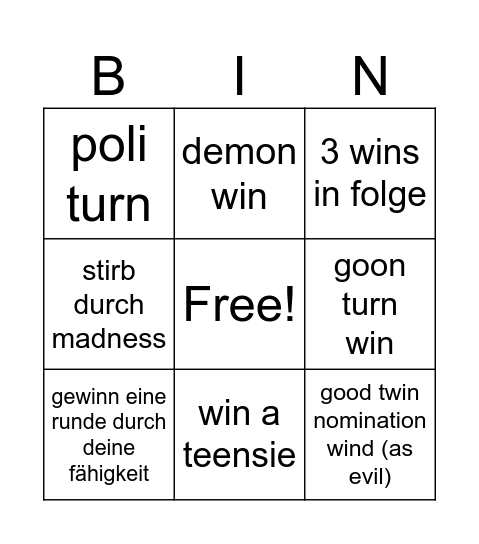 clocktower Bingo Card