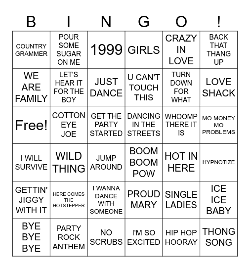 PARTY SONGS TO GET YOU DANCING! Bingo Card