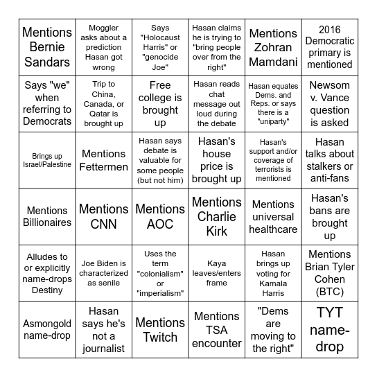 Moggler v. Hasan Bingo Card Bingo Card