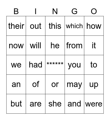 Heart Words Bingo Card