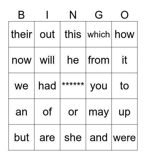 Heart Words Bingo Card