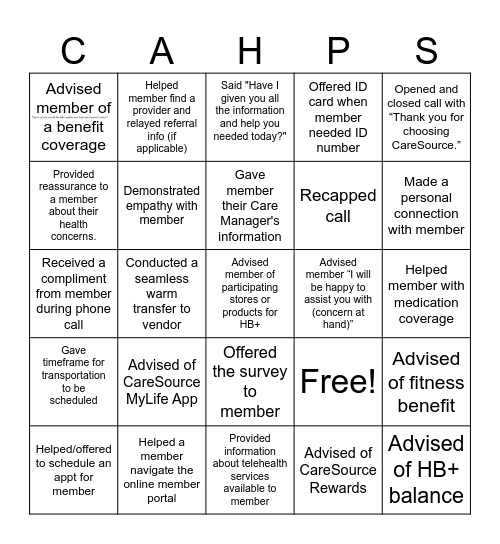 CAHPS WEEK BINGO Card