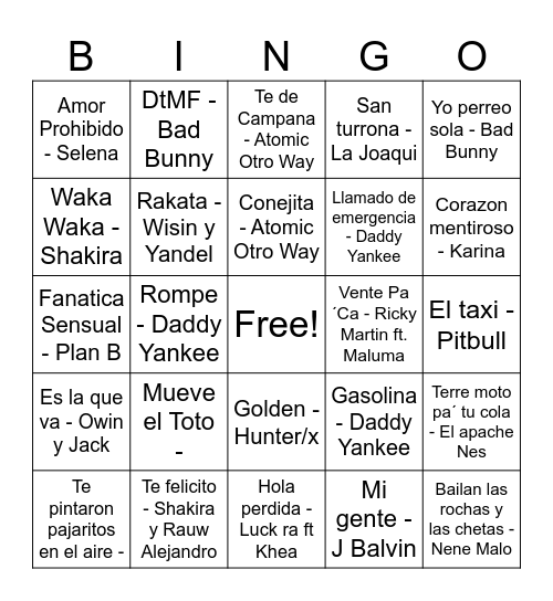 Bingo de canciones! Bingo Card