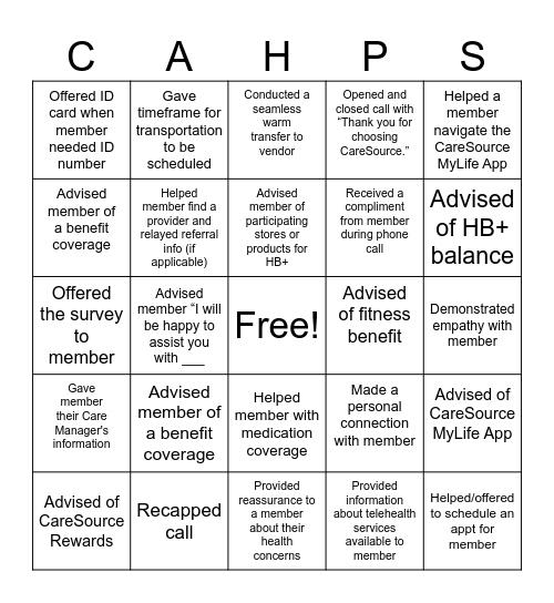 CAHPS WEEK BINGO Card