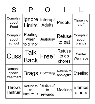 Spoiled Kid Bingo Card