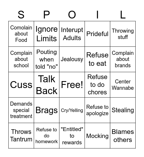 Spoiled Kid Bingo Card