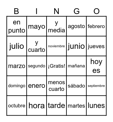 Lotería (Fechas, días, etc.) Bingo Card