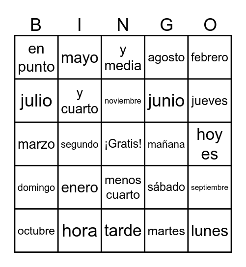 Lotería (Fechas, días, etc.) Bingo Card