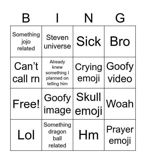 Nick text Bingo Card