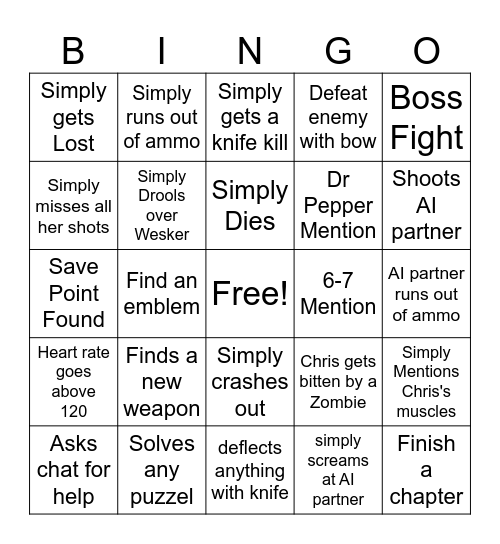Resident Evil 5 Bingo Card