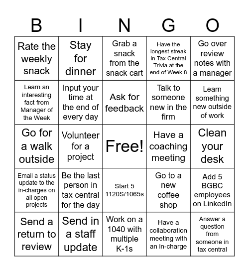 BGBC Bingo - Weeks 7 & 8 Bingo Card