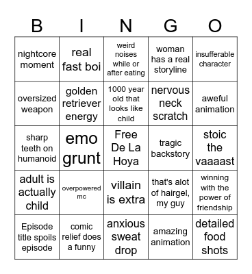 Anime Bingo Card
