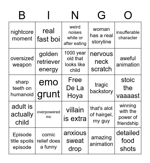 Anime Bingo Card