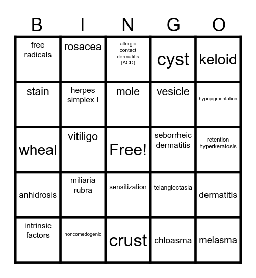 Skin Disorders and Diseases Bingo Card