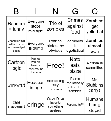 Pvz comic bingo Card