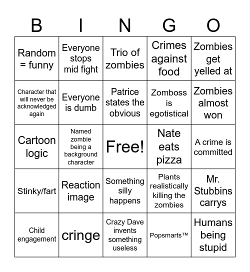 Pvz comic bingo Card