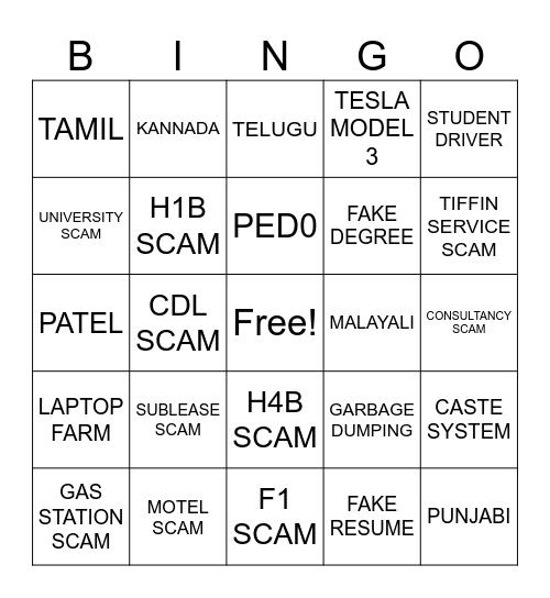 SCAMMER Bingo Card