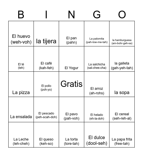 Foods and Drinks (Comida y Bebida) Bingo Card