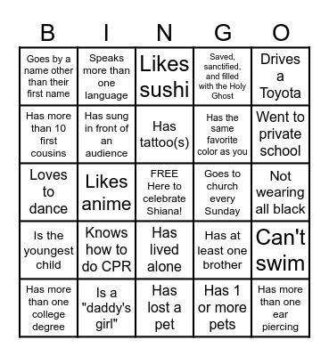 Bev's 30th Birthday: GET-TO-KNOW-YOU Bingo Card