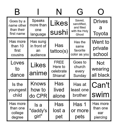 Bev's 30th Birthday: GET-TO-KNOW-YOU Bingo Card
