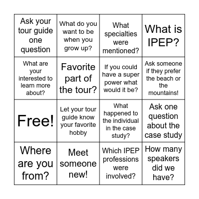 Tour Bingo Card