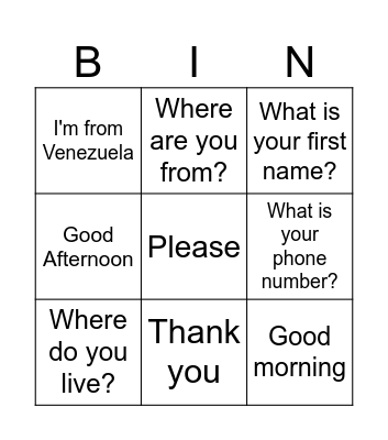 Greeting Vocabulary Bingo Card