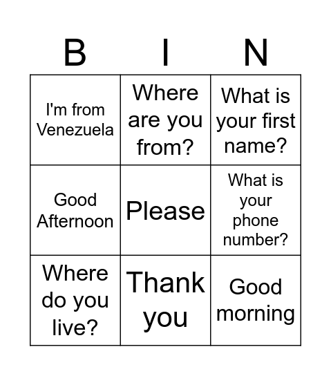 Greeting Vocabulary Bingo Card