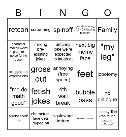 Modern Spongebob Bingo Card