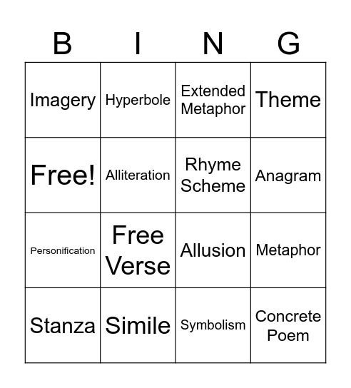 Poetry Notes Bingo Card