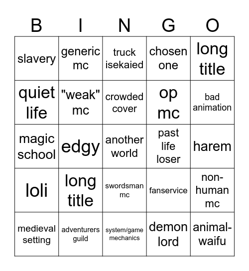 shitty isekai Bingo Card