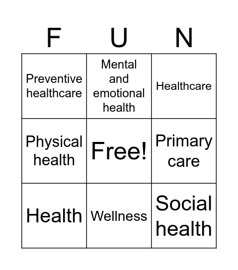 Health Vocabulary Bingo Card