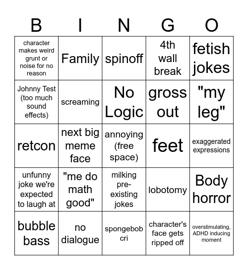 Modern Spongebob Bingo Card