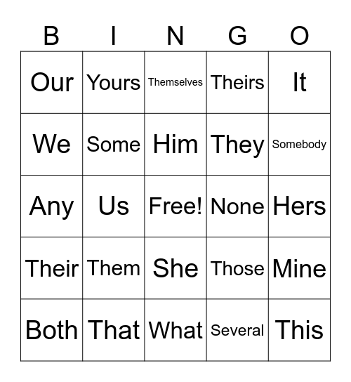 Pronoun Bingo Card
