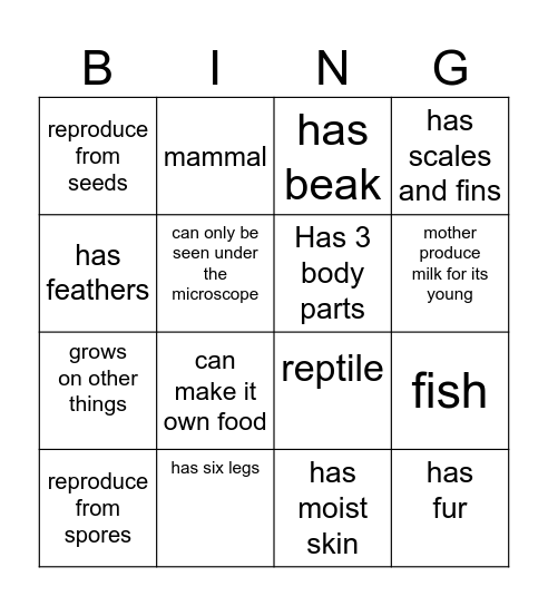 Diversity of Living Things Bingo Card