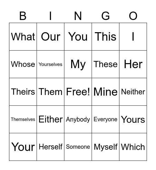 Pronoun Bingo Card