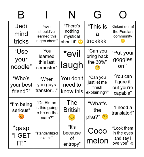 OChem Bingo Card