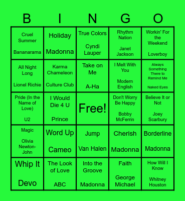 80's Music Bingo Card