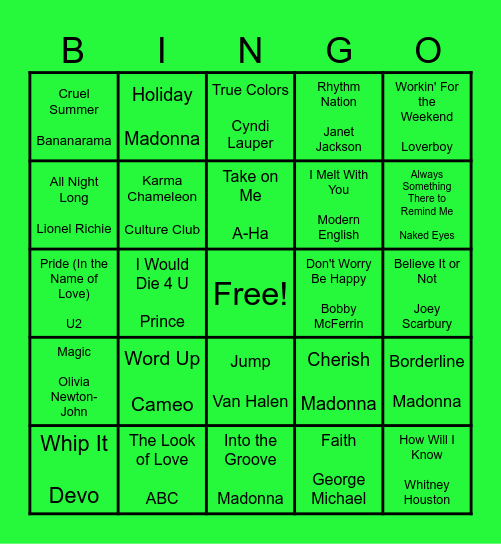 80's Music Bingo Card