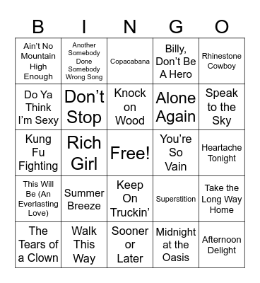 70's Hits Bingo Card